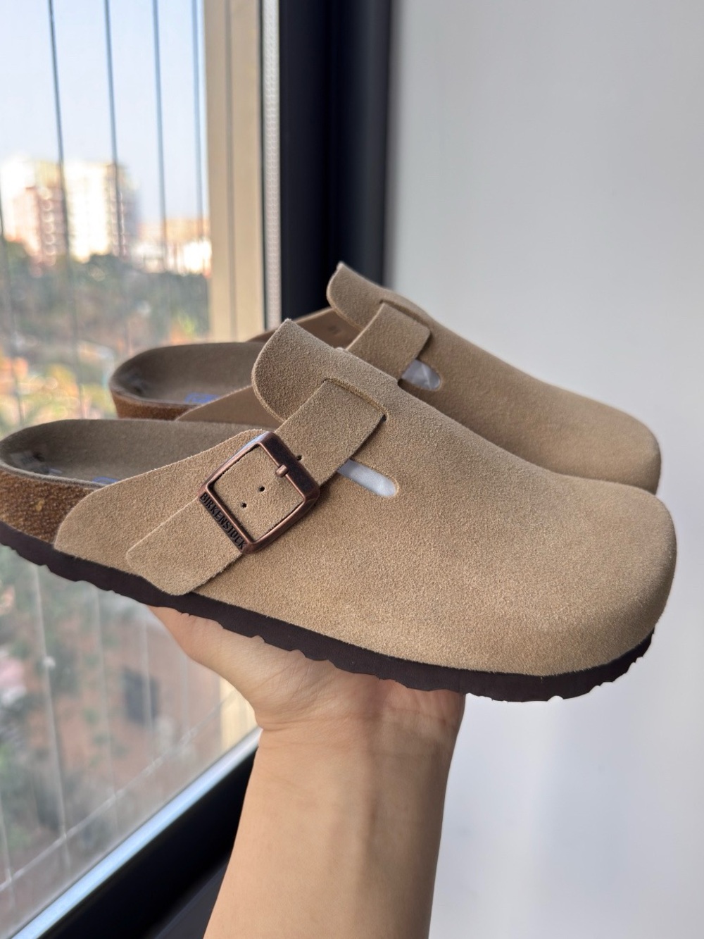 Birkenstock Boston taupe suede mule clogs